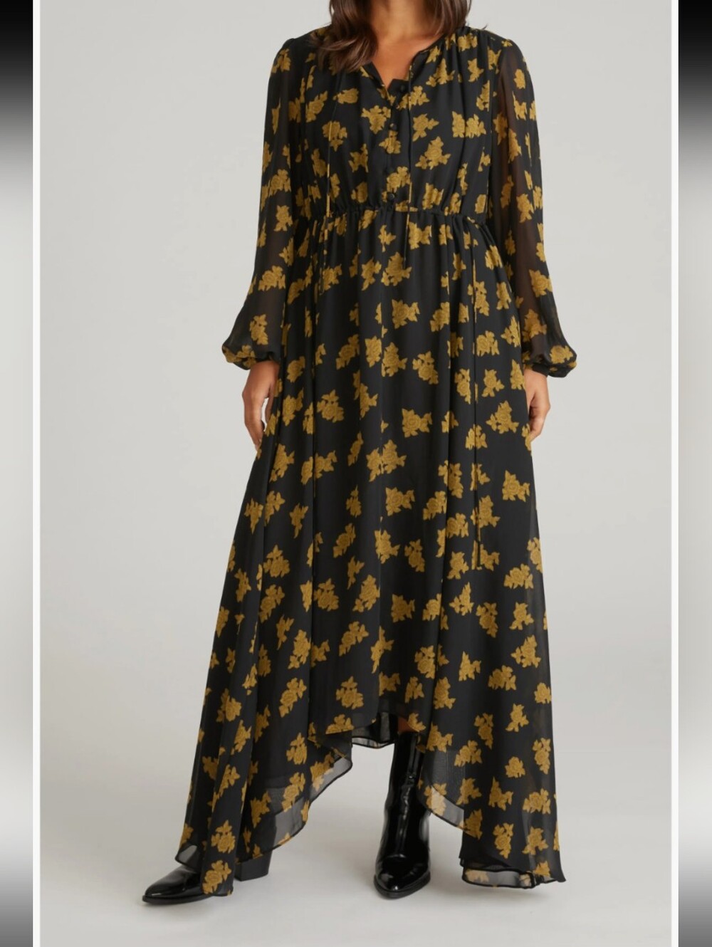 Universal Standard Karina Chiffon Midi Dress Black Gold Rose Floral Plus M 18/20